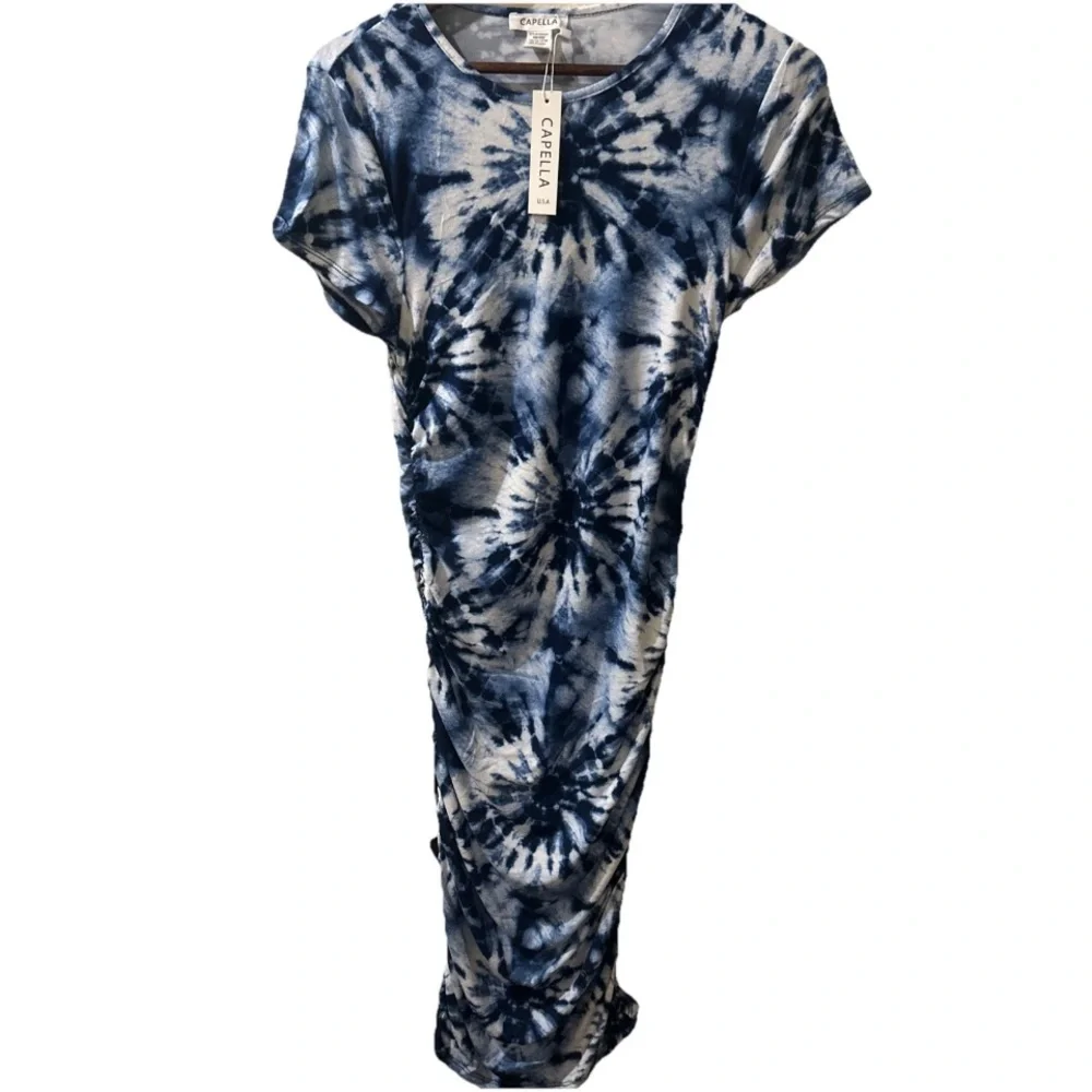 🆕Capella Elegant Blue Tie-Dye Midi Bodycon Stretch Casual Summer/Spring Dress 1X - Picture 3 of 5